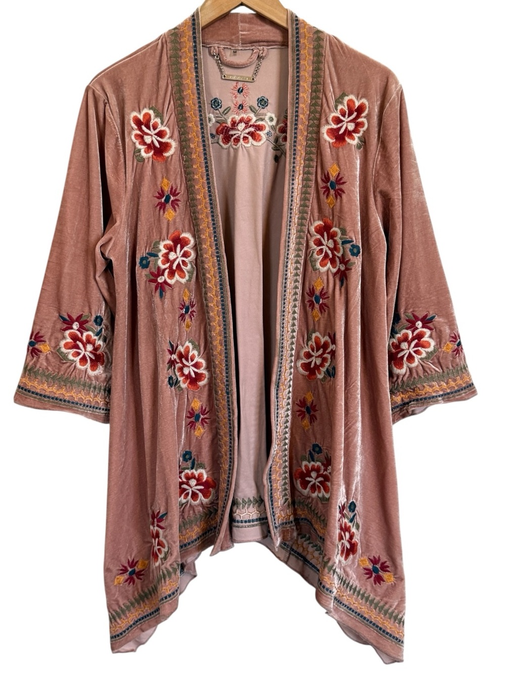 Paparazzi Embroidered Velvet Kimono Cardigan Women’s M Pink Floral Boho